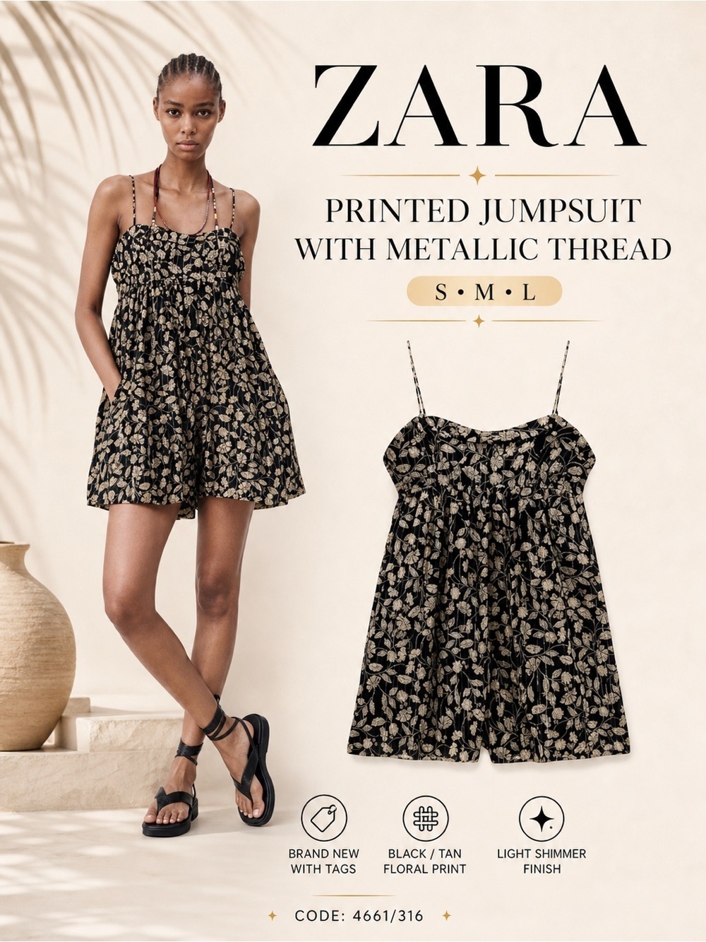 ZARA Black Floral Metallic Thread Romper NWT Sizes S M Strappy Flowy Jumpsuit